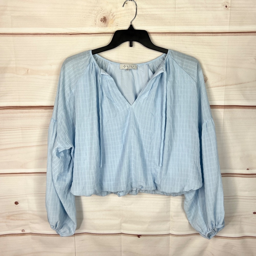 WAYF Top Womens XL Blue Texture Woven Blouse Balloon Sleeve Elastic Waist Crop